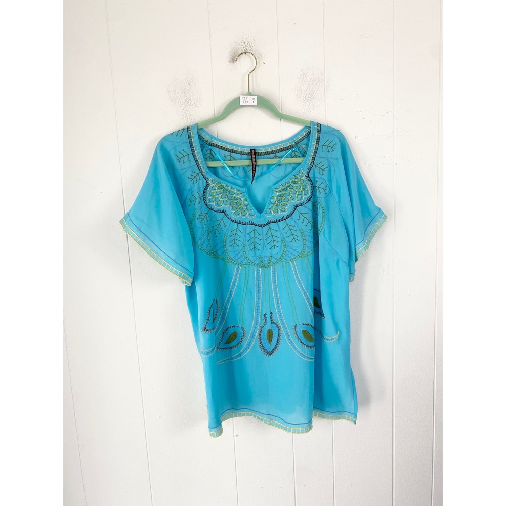 Hughbaby Sienna Rose Turquoise Peacock Embroidered Boho Blouse Top Blue Large